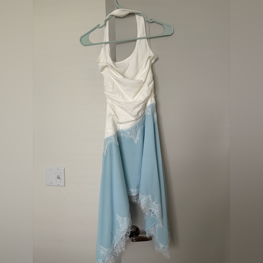 Peppermayo Brionee Midi White and Light Blue Lace Trim Halter Dress - Picture 7 of 10